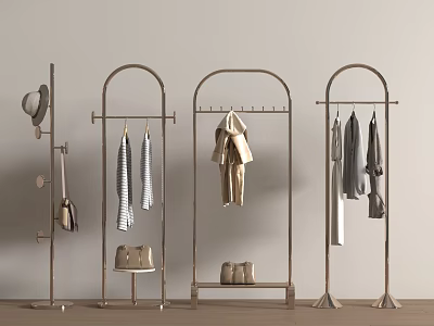 Modern Minimalist Metal Clothes Racks Featuring Coats Hats Shirts and Shoes 3d model