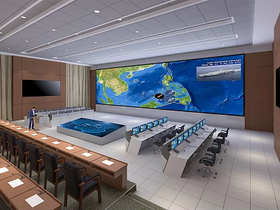 Modern Monitoring Room Interior With Large Display Screen Multiple Control Consoles And Ergonomic Chairs 3d model