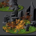 Garden Ornament with Rock Formations Yellow Orange Foliage and Green Plants on Circular Grassy Base