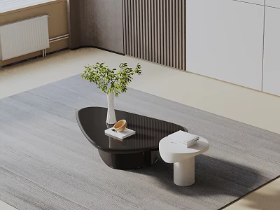 Modern Sofa and Coffee Table Set with Gray Rug Black Table White Vase Green Plant 3d model