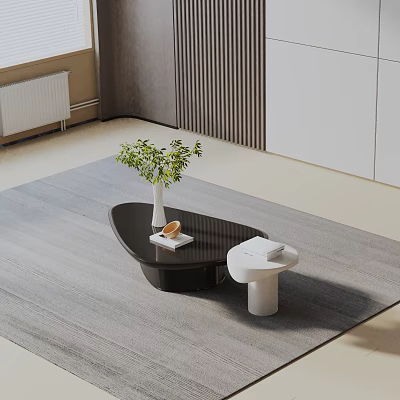 Modern Sofa and Coffee Table Set with Gray Rug Black Table White Vase Green Plant 3d model