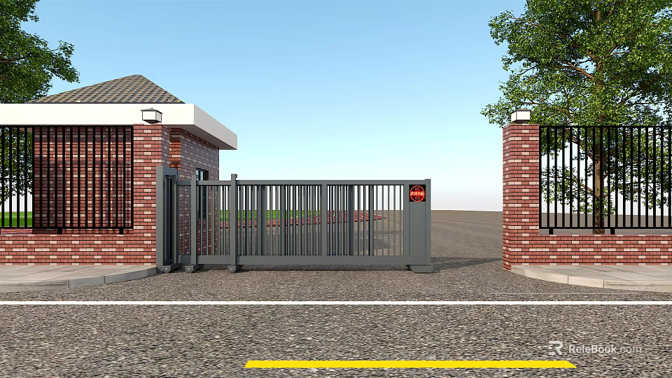 Metal Entrance Gate With Red Brick Pillars And Adjacent Building Lamp Posts 3d model 