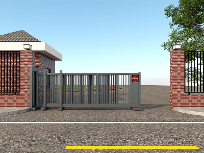 Metal Entrance Gate With Red Brick Pillars And Adjacent Building Lamp Posts 3d model