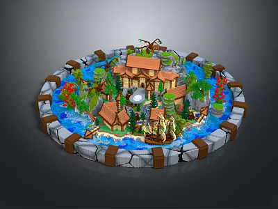 Detailed Colorful Cartoon Scene With Round Design Houses Trees Water Boats And Stone Border 3d model