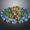 Detailed Colorful Cartoon Scene With Round Design Houses Trees Water Boats And Stone Border