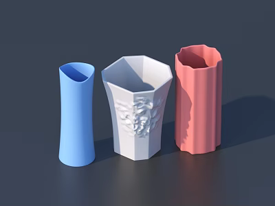 Colorful Ceramic Vessels in Blue White Pink with Various Shapes and Carved Patterns 3d model