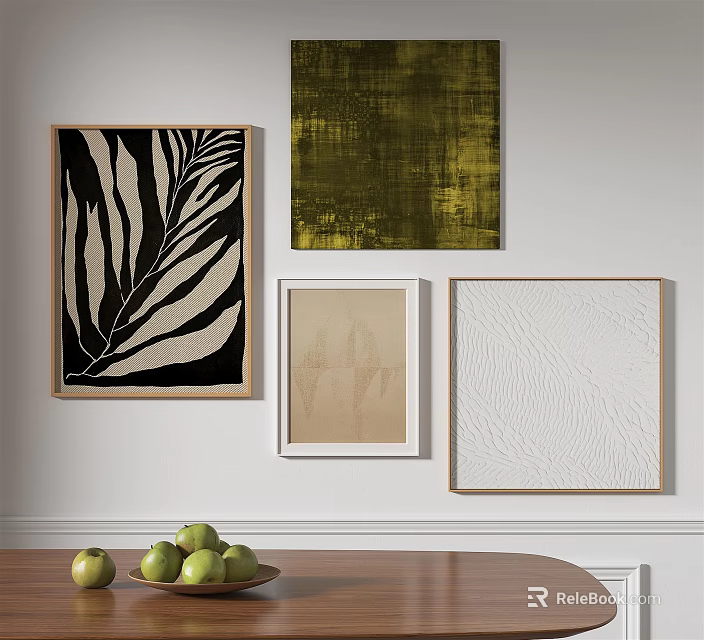 Decorative Wall Art Frames with Various Styles and Green Apples on Wooden Table 3d model 