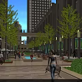 Modern Commercial Street With Tall Buildings Plaza Pedestrians Benches And Flags