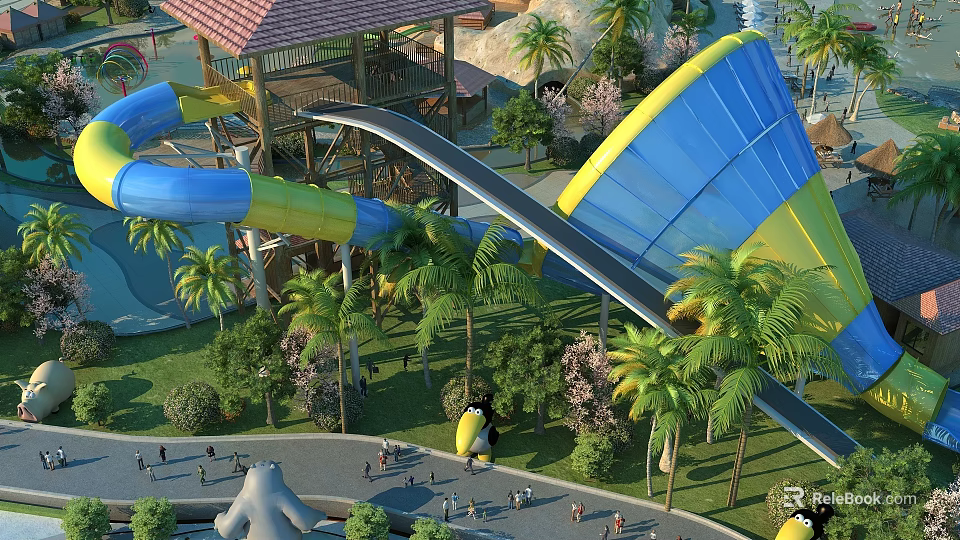 Outdoor Water Slide Amusement Equipment With Blue Yellow Design Palm Trees And Visitors 3d model 
