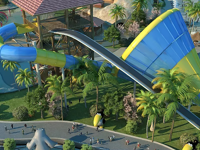 Outdoor Water Slide Amusement Equipment With Blue Yellow Design Palm Trees And Visitors 3d model