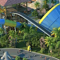 Outdoor Water Slide Amusement Equipment With Blue Yellow Design Palm Trees And Visitors