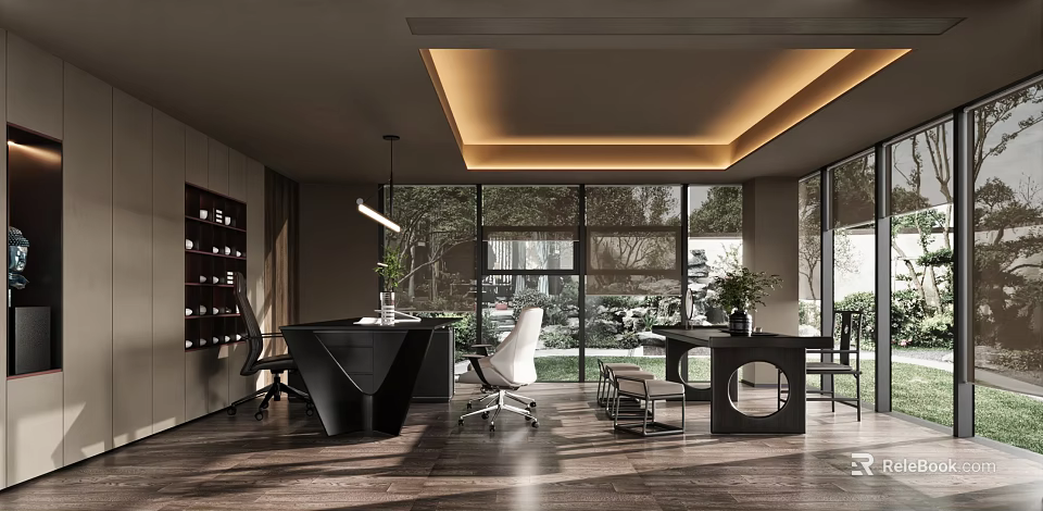 Modern Office Interior Design With Large Windows Black Desk White Chair And Green Plants 3d model 