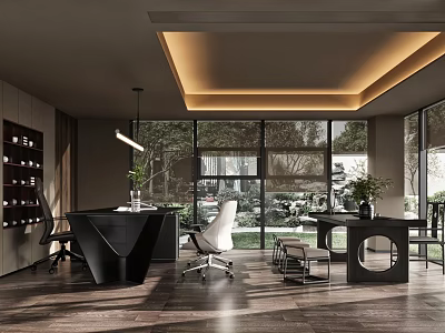 Modern Office Interior Design With Large Windows Black Desk White Chair And Green Plants 3d model
