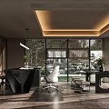 Modern Office Interior Design With Large Windows Black Desk White Chair And Green Plants