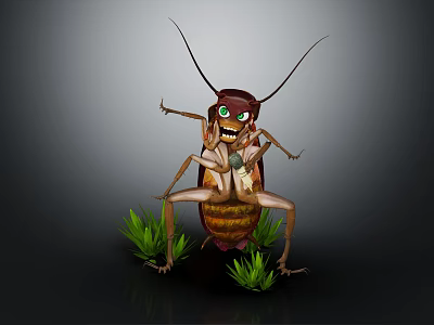 Anthropomorphic Cockroach Standing With Green Eyes Holding Bottle Among Green Grass On Dark Background 3d model
