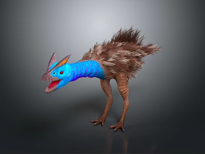 Feathered Fantasy Creature With Blue Neck Brown Feathers Horned Head Open Mouth Standing Pose 3d model