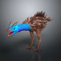 Feathered Fantasy Creature With Blue Neck Brown Feathers Horned Head Open Mouth Standing Pose