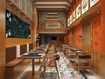 Cozy Restaurant Interior With Wooden Tables Chairs Colorful Patterned Floor Wall Decorations And Chandeliers 3d model