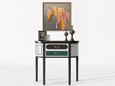 Modern Entryway Console Table With Black Frame Green Drawers Colorful Horse Art And Photo Frame 3d model