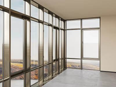 Spacious Modern Room With Floor To Ceiling Windows And Natural Landscape View 3d model