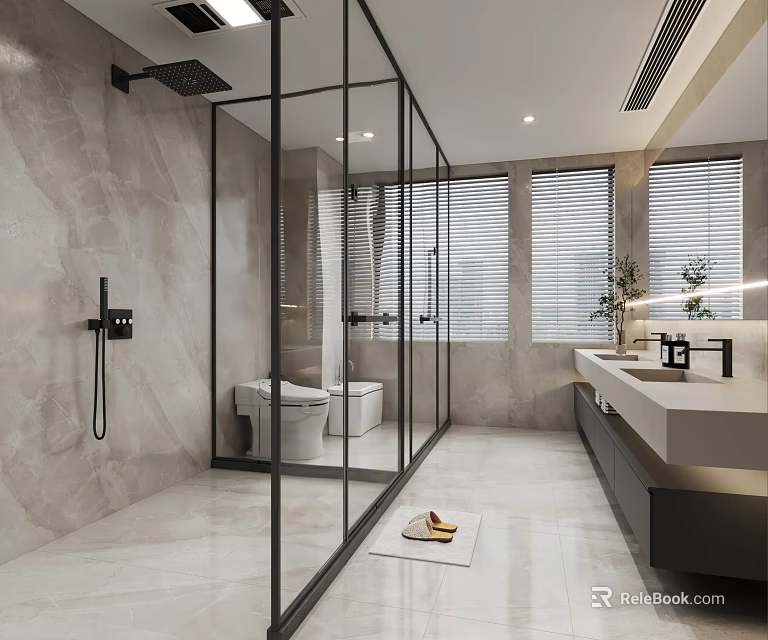 Modern Bathroom Interior With Glass Shower Enclosure Double Vanity And Marble Walls 3d model 