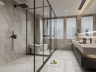 Modern Bathroom Interior With Glass Shower Enclosure Double Vanity And Marble Walls 3d model