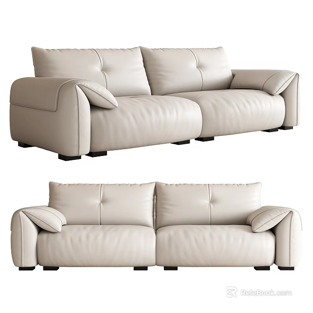 Two Seater Sofa Light Colored Leather Modern Minimalist Design With Armrests Cushions And Black Legs 3d model 