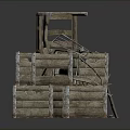 Stacked Wooden Crates Defensive Structure With Metal Supports And Cross Beams