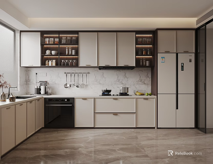Modern Kitchen Interior With White Brown Cabinets Marble Countertop And Refrigerator 3d model 