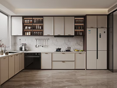 Modern Kitchen Interior With White Brown Cabinets Marble Countertop And Refrigerator 3d model