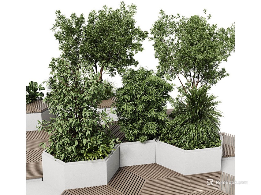 Lush Green Plants in White Planters for Outdoor Garden Area with Wooden Flooring 3d model 