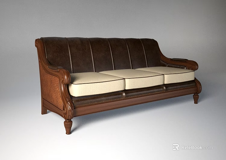 Three Seater Sofa With Brown Leather Back Wooden Armrests And Light Beige Cushions 3d model 