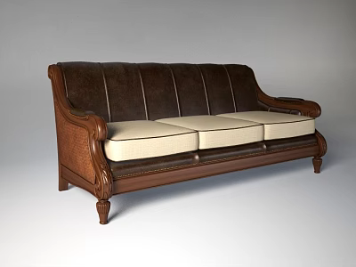 Three Seater Sofa With Brown Leather Back Wooden Armrests And Light Beige Cushions 3d model