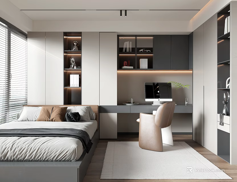 Modern Tatami Bedroom Interior Design With Platform Bed Desk And Storage Cabinets 3d model 