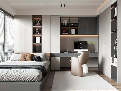 Modern Tatami Bedroom Interior Design With Platform Bed Desk And Storage Cabinets 3d model