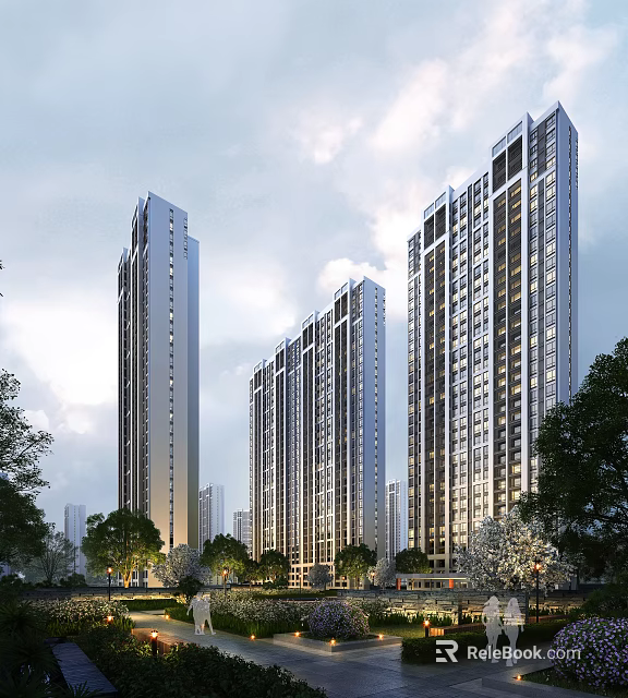 Modern High rise Residential Buildings With Lush Green Trees And Clear Sky 3d model 