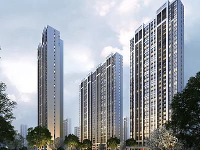 Modern High rise Residential Buildings With Lush Green Trees And Clear Sky 3d model