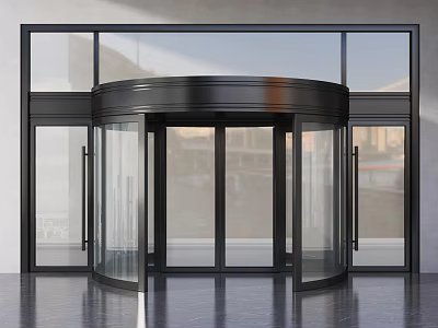 Modern Commercial Revolving Door With Black Metal Frame And Glass 3d model