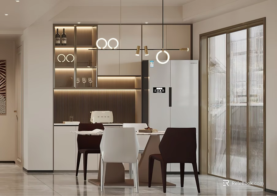 Modern Restaurant Interior Design With Dining Table Chairs Pendant Lights And Cabinets 3d model 