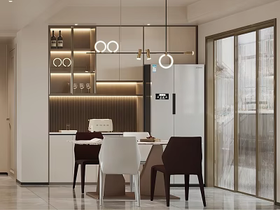 Modern Restaurant Interior Design With Dining Table Chairs Pendant Lights And Cabinets 3d model