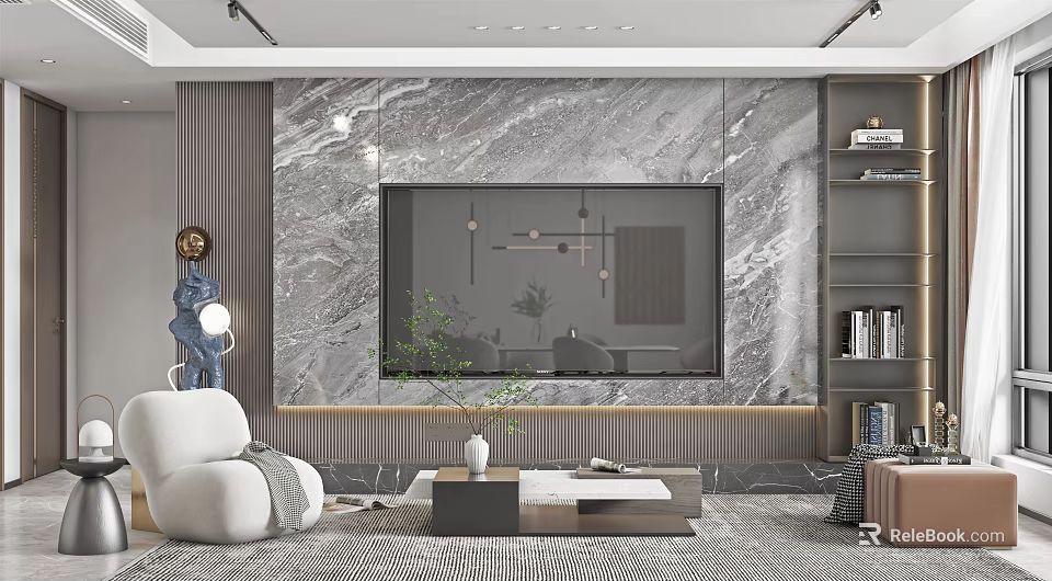 Modern TV Console Backdrop with Marble Texture Mounted TV and Bookshelf in Living Room 3d model 