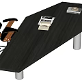 Modern Office Desk With Dark Wooden Surface Silver Legs Ergonomic Chair Telephone Documents And Tray
