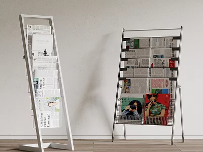 White and Black Metal Display Racks with Newspapers and Magazines on Multiple Layers 3d model