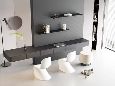 Contemporary Black Desk With White Chairs Wall Shelves Table Lamp And Decor 3d model