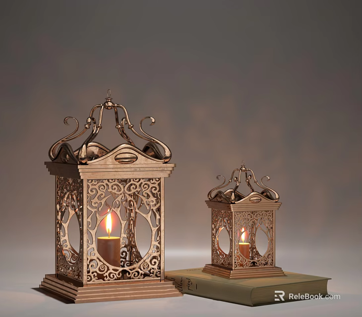 Vintage Style Candle Lanterns With Intricate Carvings And Lit Candles On Book 3d model 