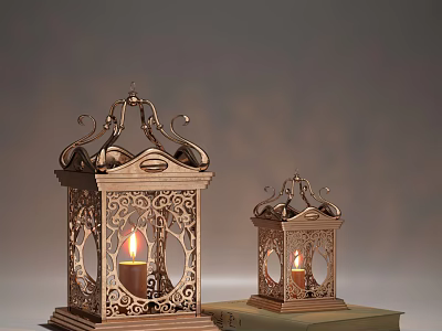 Vintage Style Candle Lanterns With Intricate Carvings And Lit Candles On Book 3d model