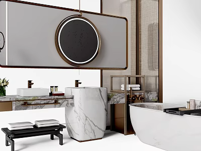 Modern Bathroom Interior Featuring Marble Washbasin Round Black Framed Mirror Bathtub And Decorative Stool 3d model