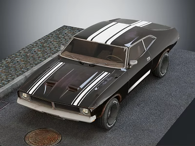 Classic Black Muscle Car With White Stripes On Asphalt And Gravel Surface 3d model