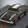 Classic Black Muscle Car With White Stripes On Asphalt And Gravel Surface