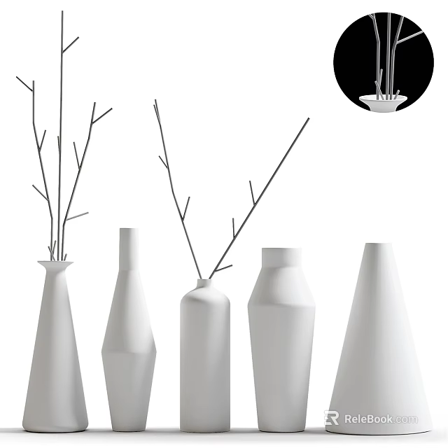 Minimalist Decorative Ornament Set With White Vases And Branch Decorations 3d model 